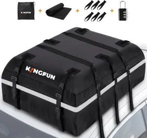 Kingfun Rooftop Cargo Carrier - Waterproof 20 Cubic Feet Car Roof Bag for All Vechicles with/Without Racks, Includes Anti-Slip Mat, 8 Reinforced Straps, 6 Door Hooks, Luggage Lock (Black)
