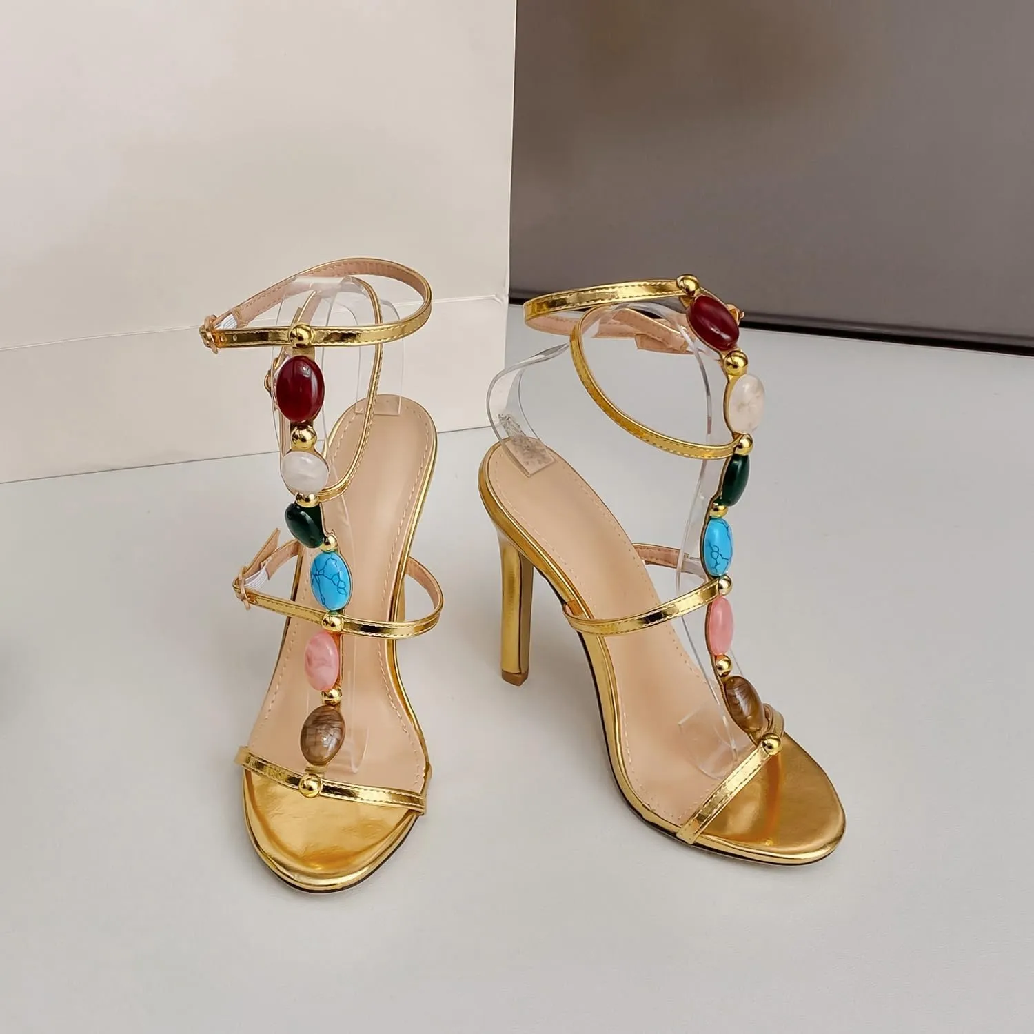 Kluolandi Jewelled Strappy Gold Heels for Women Open Toe Ankle Strap Gladiator Stiletto Heeled Sandals for Party Wedding