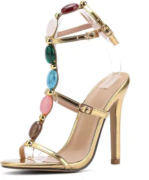 Kluolandi Jewelled Strappy Gold Heels for Women Open Toe Ankle Strap Gladiator Stiletto Heeled Sandals for Party Wedding