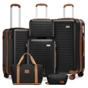 Kono 6 Piece ABS Travel Set with Hard Shell Suitcase Vanity Case Weekend Bag and Toiletry Bag - Black/Brown
