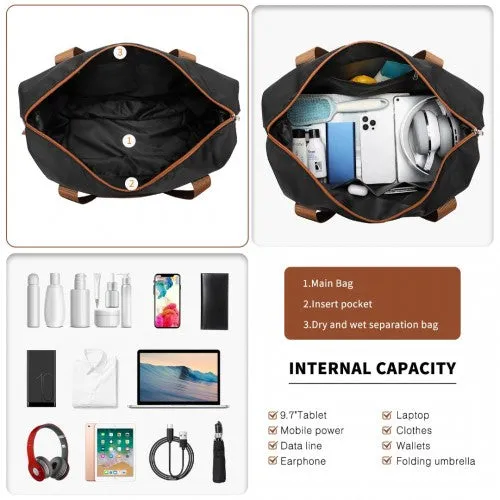 Kono 6 Piece ABS Travel Set with Hard Shell Suitcase Vanity Case Weekend Bag and Toiletry Bag - Black/Brown