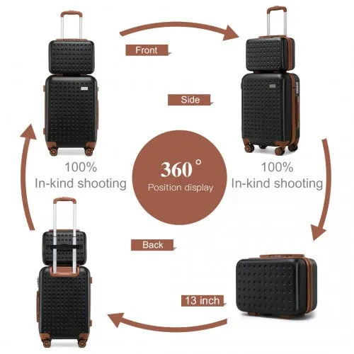 Kono 6 Piece ABS Travel Set with Hard Shell Suitcase Vanity Case Weekend Bag and Toiletry Bag - Black/Brown