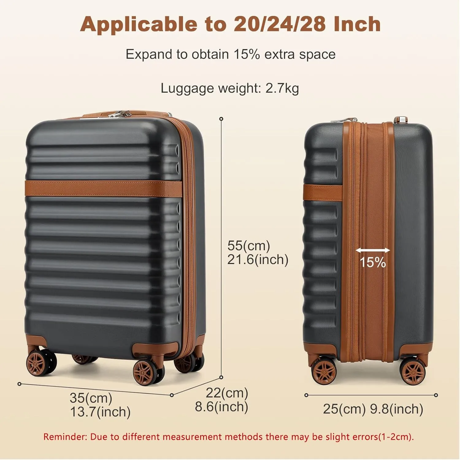 Kono Airline - Approved Carry - On Luggage, 22x14x9 inches, with TSA Lock, 20 - Inch Expandable Lightweight Hardshell Suitcase (Black - Brown, (Grey Brown, 1-3 Days Travel)