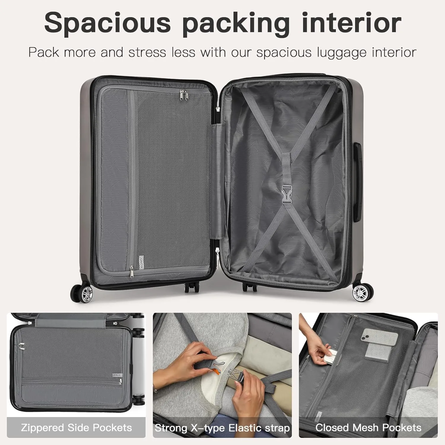 Kono Luggage Set 3 Pieces Expandable PC ABS Durable Suitcase Hardside with Double Spinner Wheels Tsa Lock Grey(20in/24in/28in)