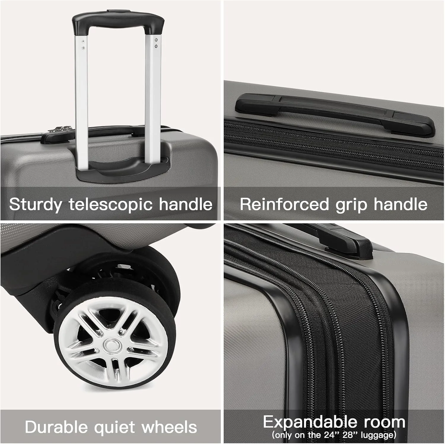 Kono Luggage Set 3 Pieces Expandable PC ABS Durable Suitcase Hardside with Double Spinner Wheels Tsa Lock Grey(20in/24in/28in)