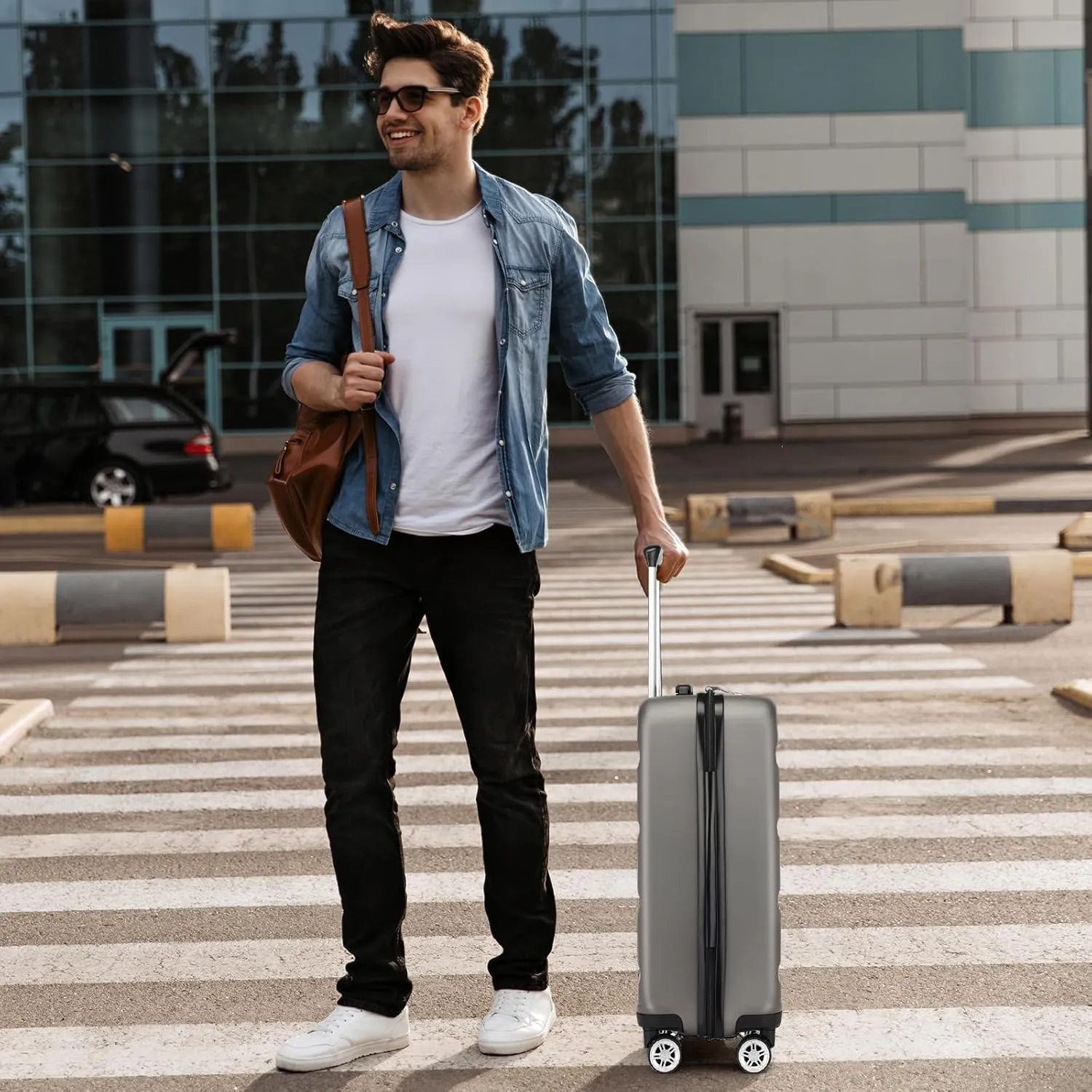 Kono Luggage Set 3 Pieces Expandable PC ABS Durable Suitcase Hardside with Double Spinner Wheels Tsa Lock Grey(20in/24in/28in)