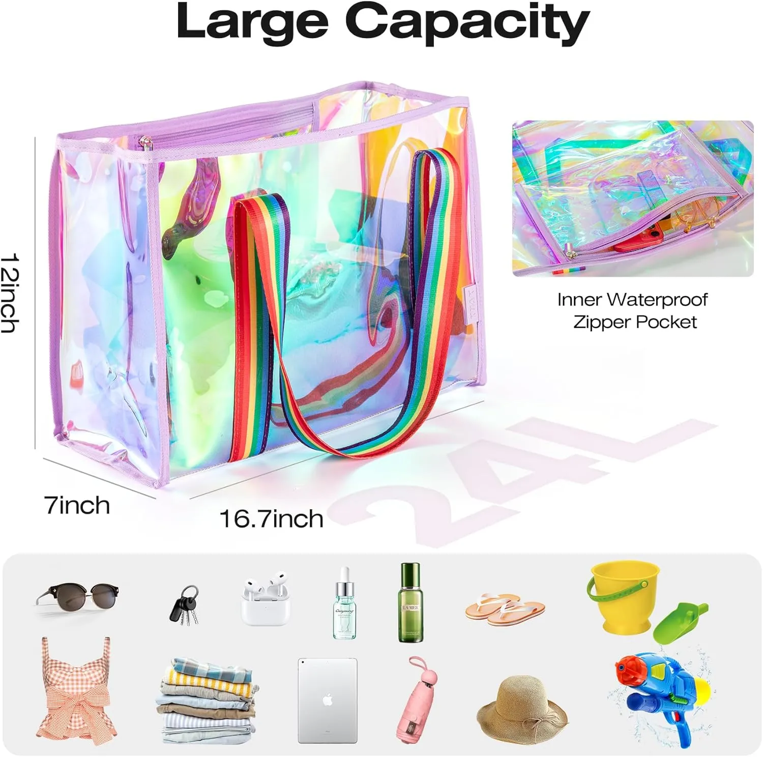 KUAK Large Beach Bag for Women Waterproof Sandproof Tip-Proof Beach Tote Iridescent Bag with Waterproof Pocket for Pool