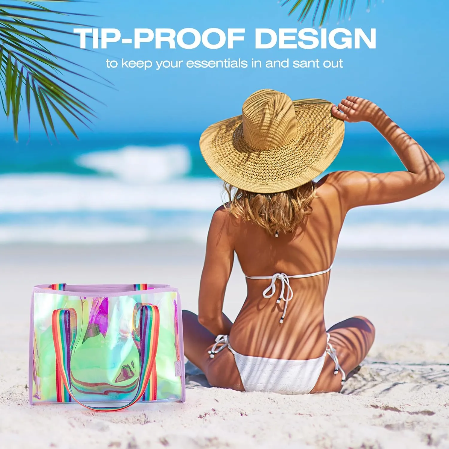 KUAK Large Beach Bag for Women Waterproof Sandproof Tip-Proof Beach Tote Iridescent Bag with Waterproof Pocket for Pool