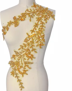 Lace Appliques Patches Glass Acrylic Rhinestoens Sewing for Wedding Dress Sew on Clothing Prom Costumes Gown Designer DIY Front Bodice Decorations (Golden Color)