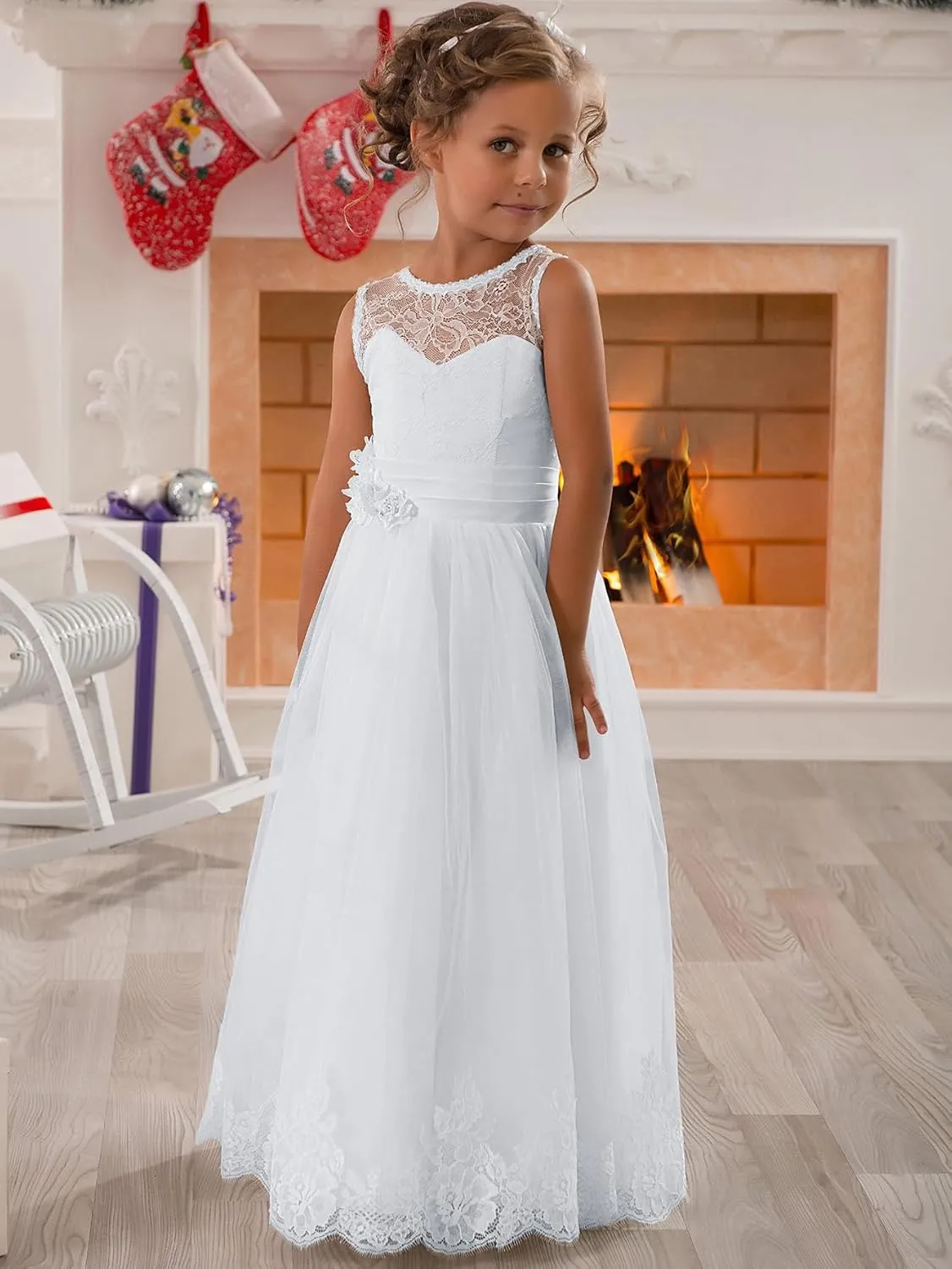 Lace Embellished A-Line Sleeveless Girls Wedding Party Dresses