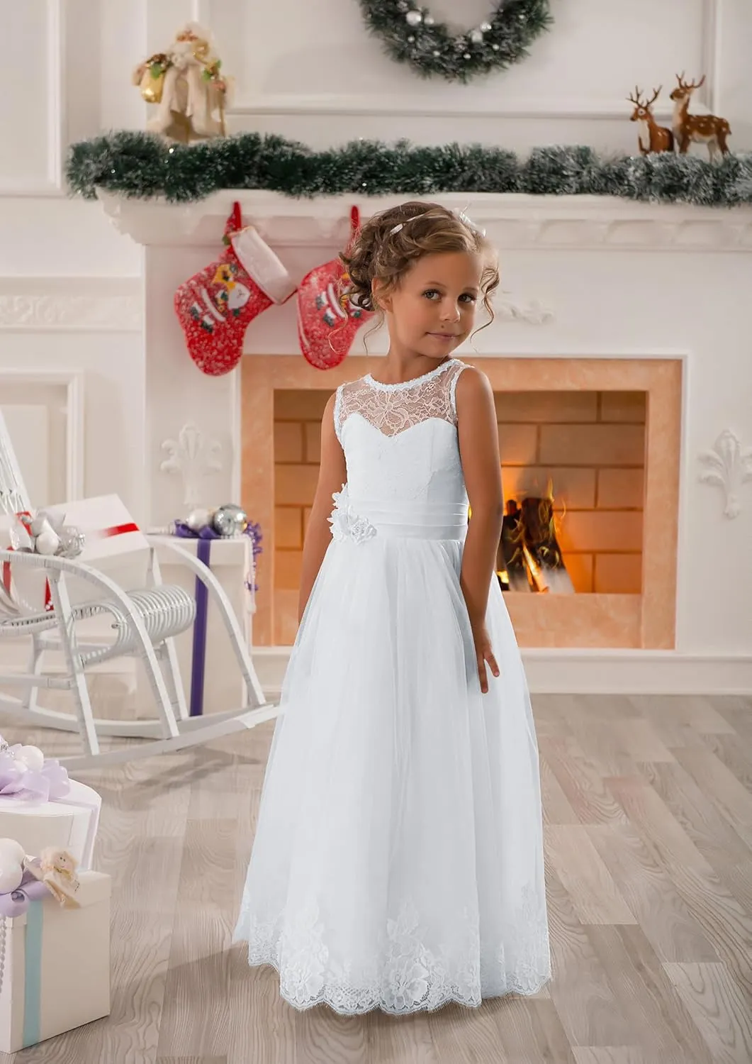 Lace Embellished A-Line Sleeveless Girls Wedding Party Dresses