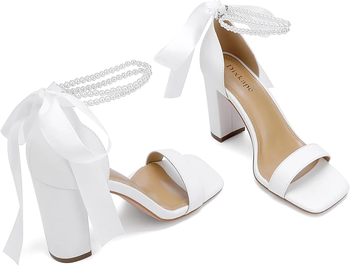 Lace Up Bow Heels for Bride, Pearl Embellished Block Heels，Wedding Shoes for Bride