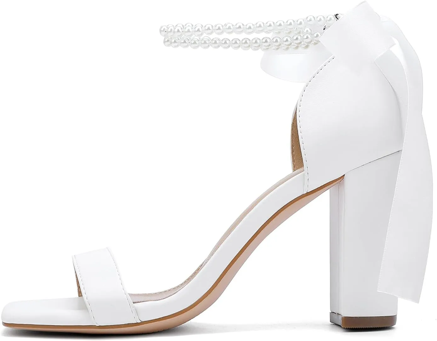 Lace Up Bow Heels for Bride, Pearl Embellished Block Heels，Wedding Shoes for Bride