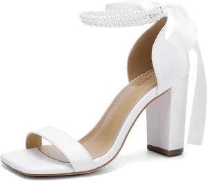 Lace Up Bow Heels for Bride, Pearl Embellished Block Heels，Wedding Shoes for Bride