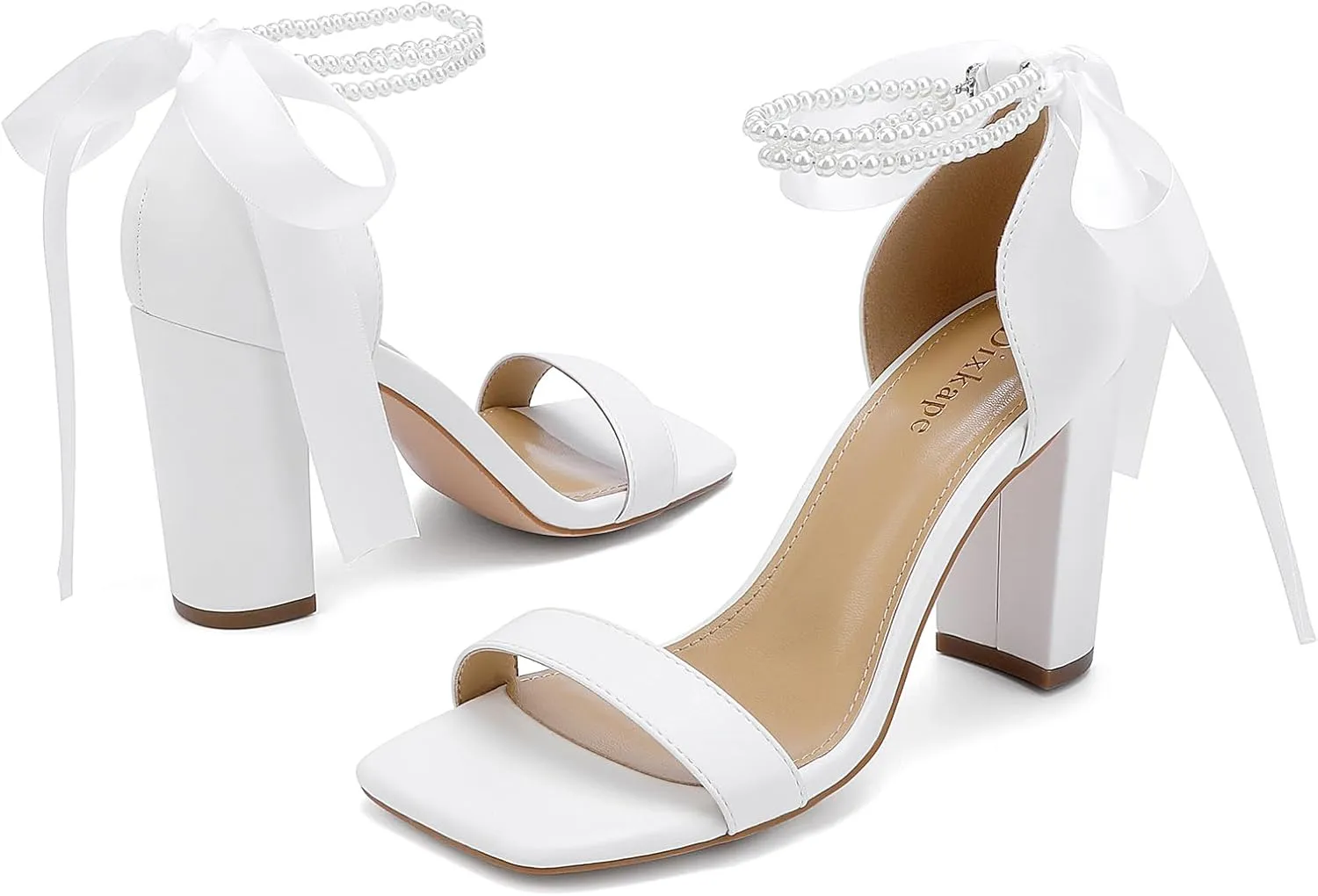 Lace Up Bow Heels for Bride, Pearl Embellished Block Heels，Wedding Shoes for Bride
