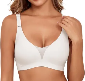 Lace V Mesh Wireless Bras Push Up Bralette Seamless Plunge Bra Everyday Bras for Women No Underwire with Extender