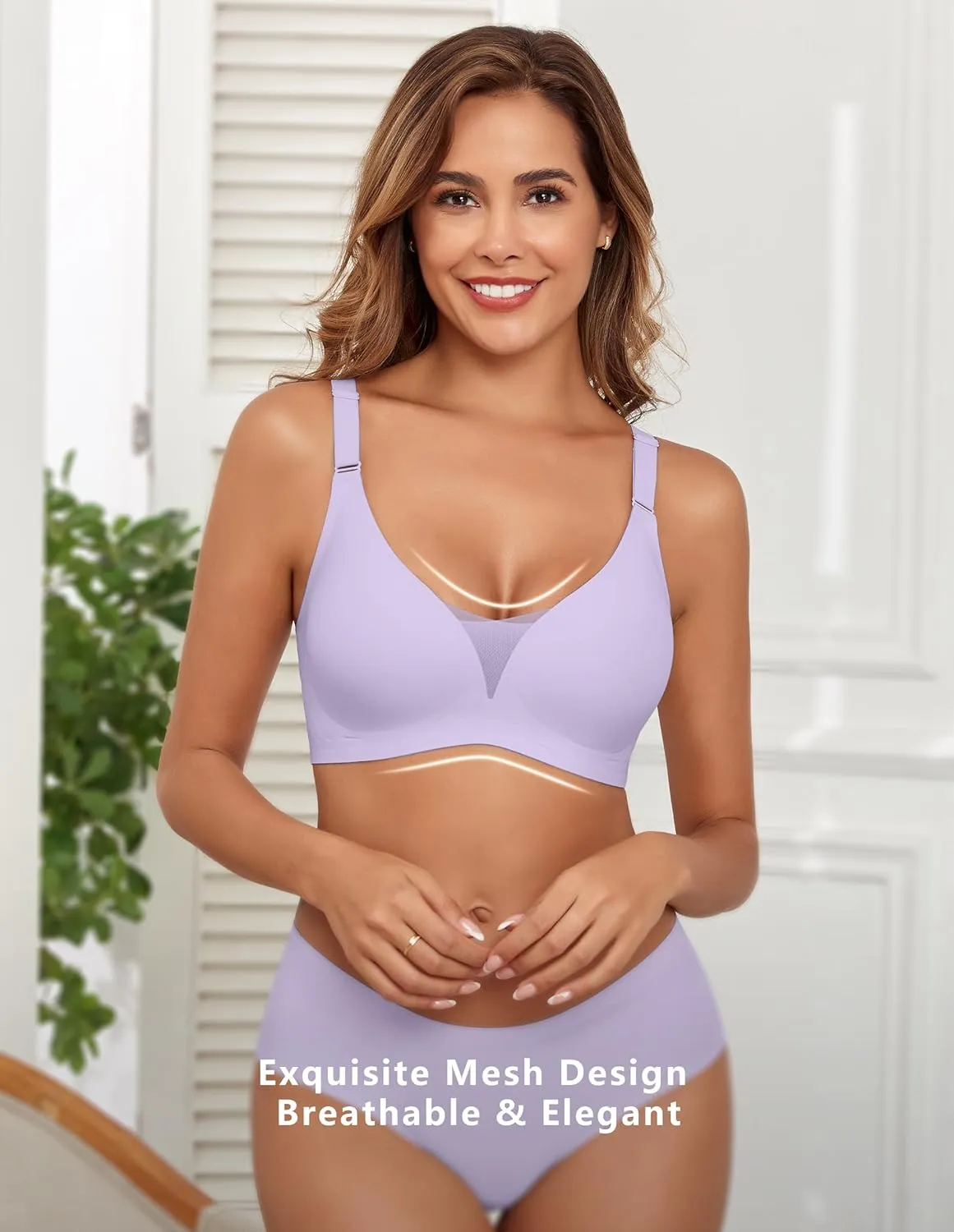 Lace V Mesh Wireless Bras Push Up Bralette Seamless Plunge Bra Everyday Bras for Women No Underwire with Extender