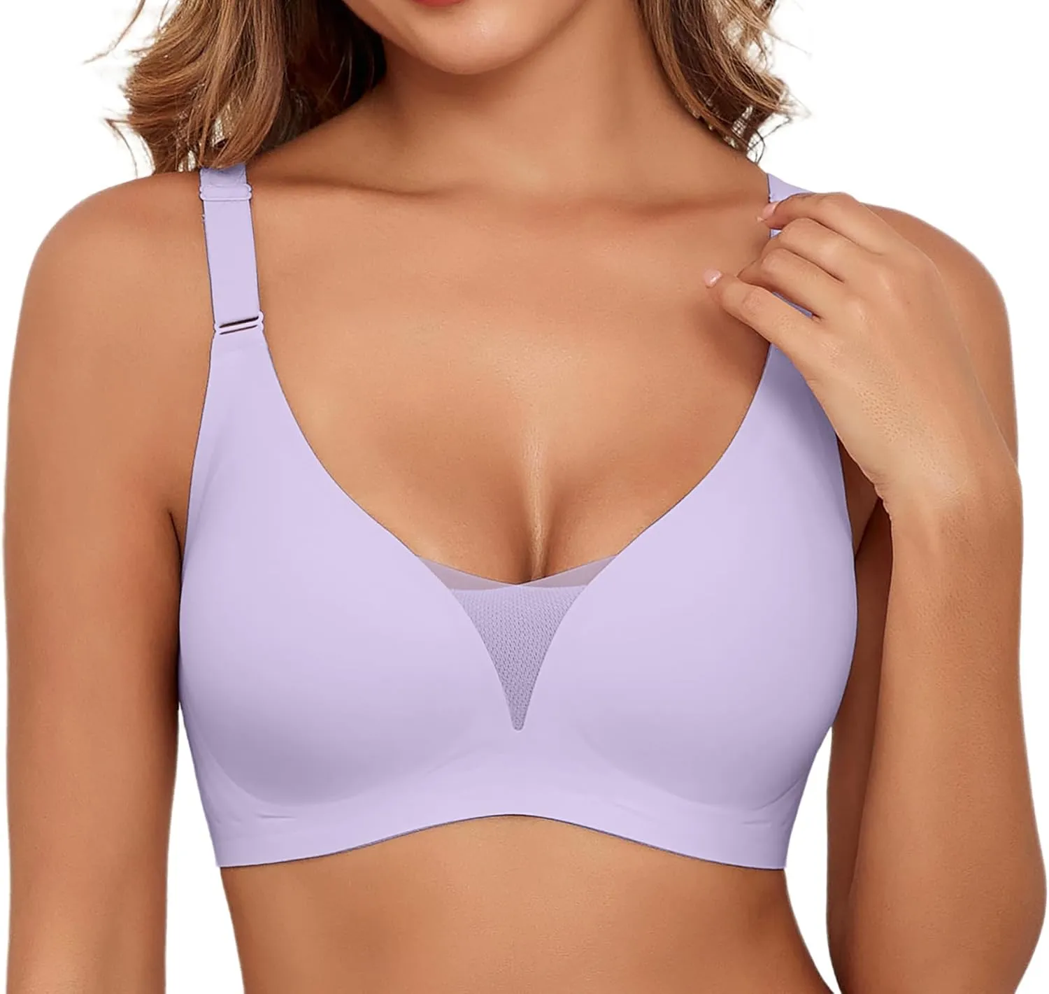 Lace V Mesh Wireless Bras Push Up Bralette Seamless Plunge Bra Everyday Bras for Women No Underwire with Extender
