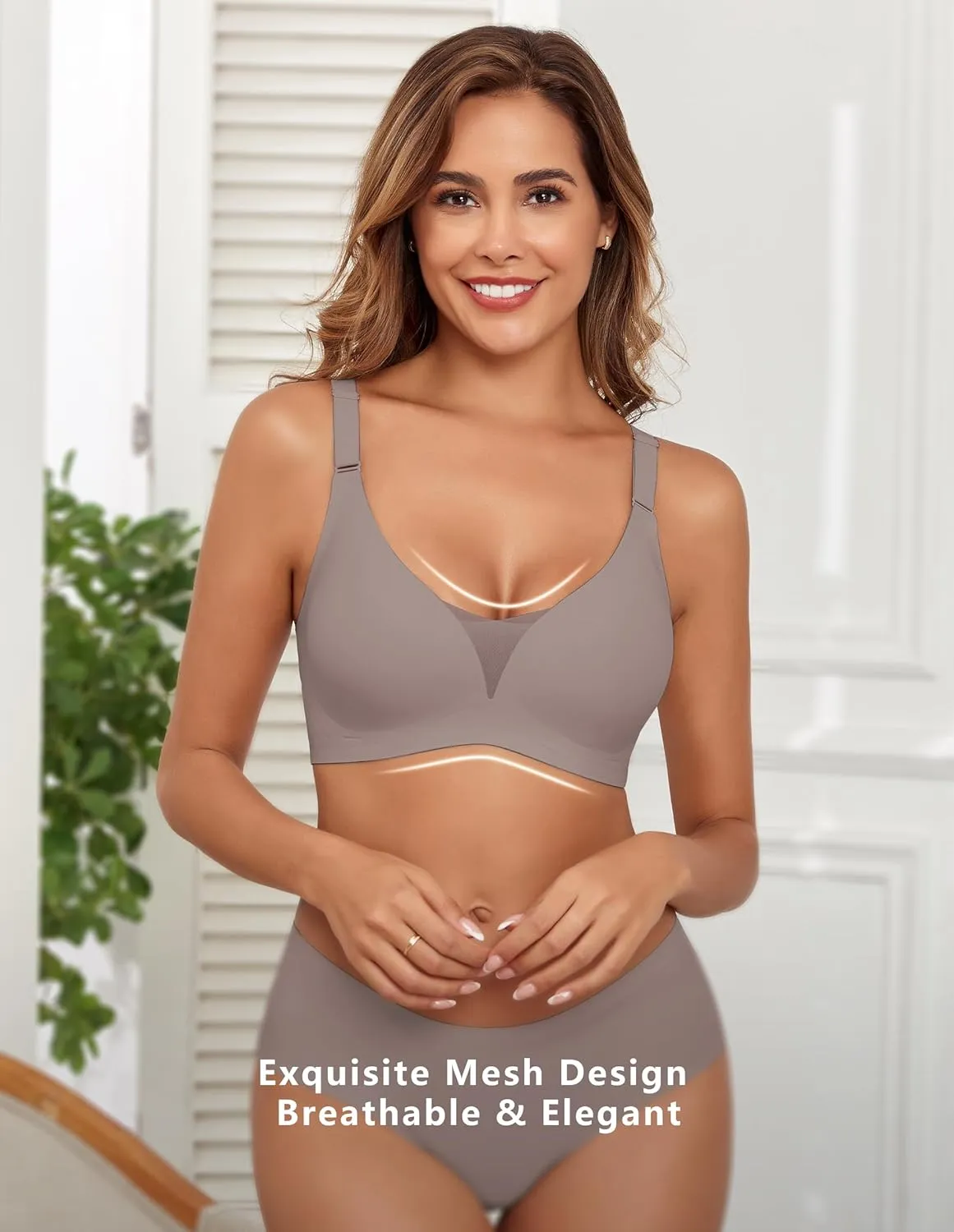 Lace V Mesh Wireless Bras Push Up Bralette Seamless Plunge Bra Everyday Bras for Women No Underwire with Extender