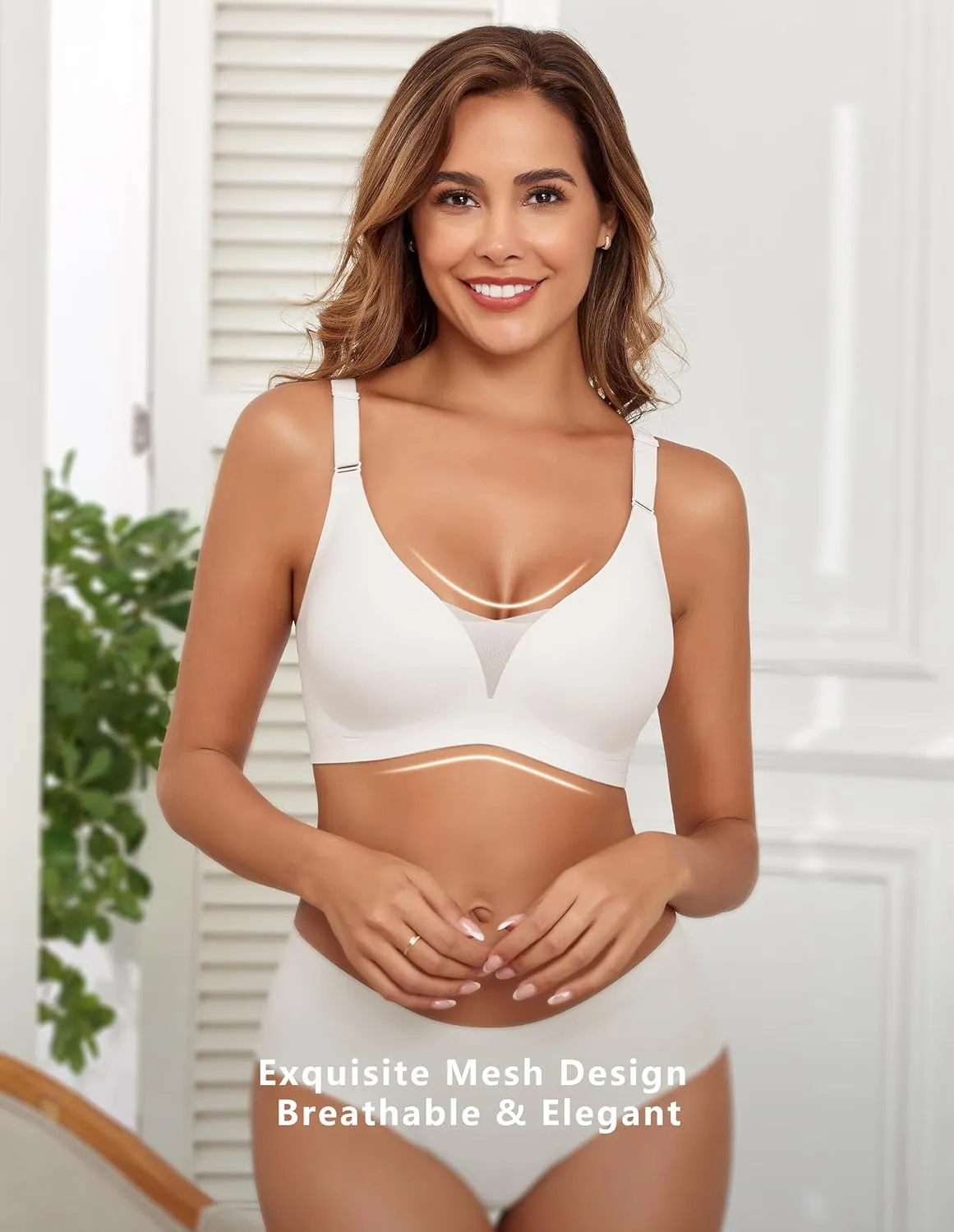 Lace V Mesh Wireless Bras Push Up Bralette Seamless Plunge Bra Everyday Bras for Women No Underwire with Extender