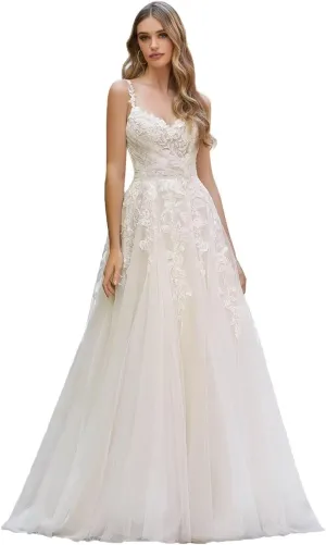 Lace Wedding Dresses for Bride 2025 Winter Tulle Lace Applique A-Line Spaghetti Strap V-Neck Modest Bride Gowns