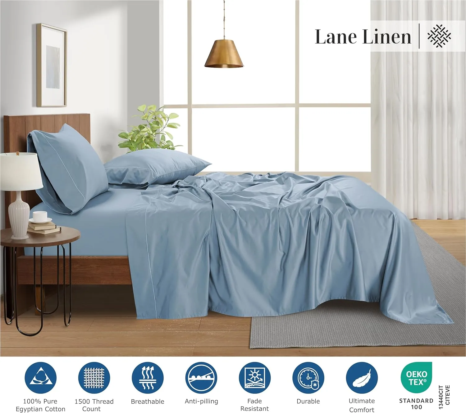 LANE LINEN 100% Egyptian Cotton King Split Sheets for Adjustable Bed - 1500 Thread Count, 4 Piece Set - Hotel King Split Sheet Set - Luxury Sateen Weave Cotton Sheets Set - French Blue