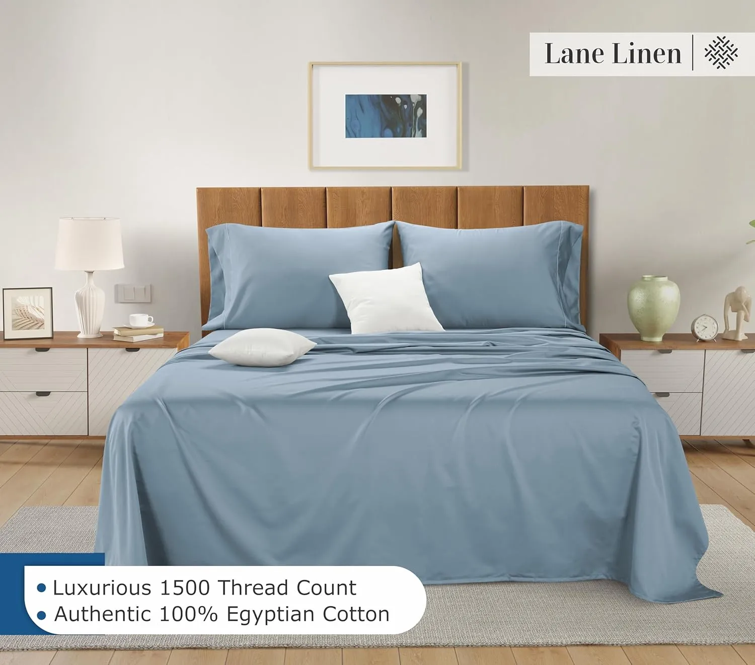 LANE LINEN 100% Egyptian Cotton King Split Sheets for Adjustable Bed - 1500 Thread Count, 4 Piece Set - Hotel King Split Sheet Set - Luxury Sateen Weave Cotton Sheets Set - French Blue
