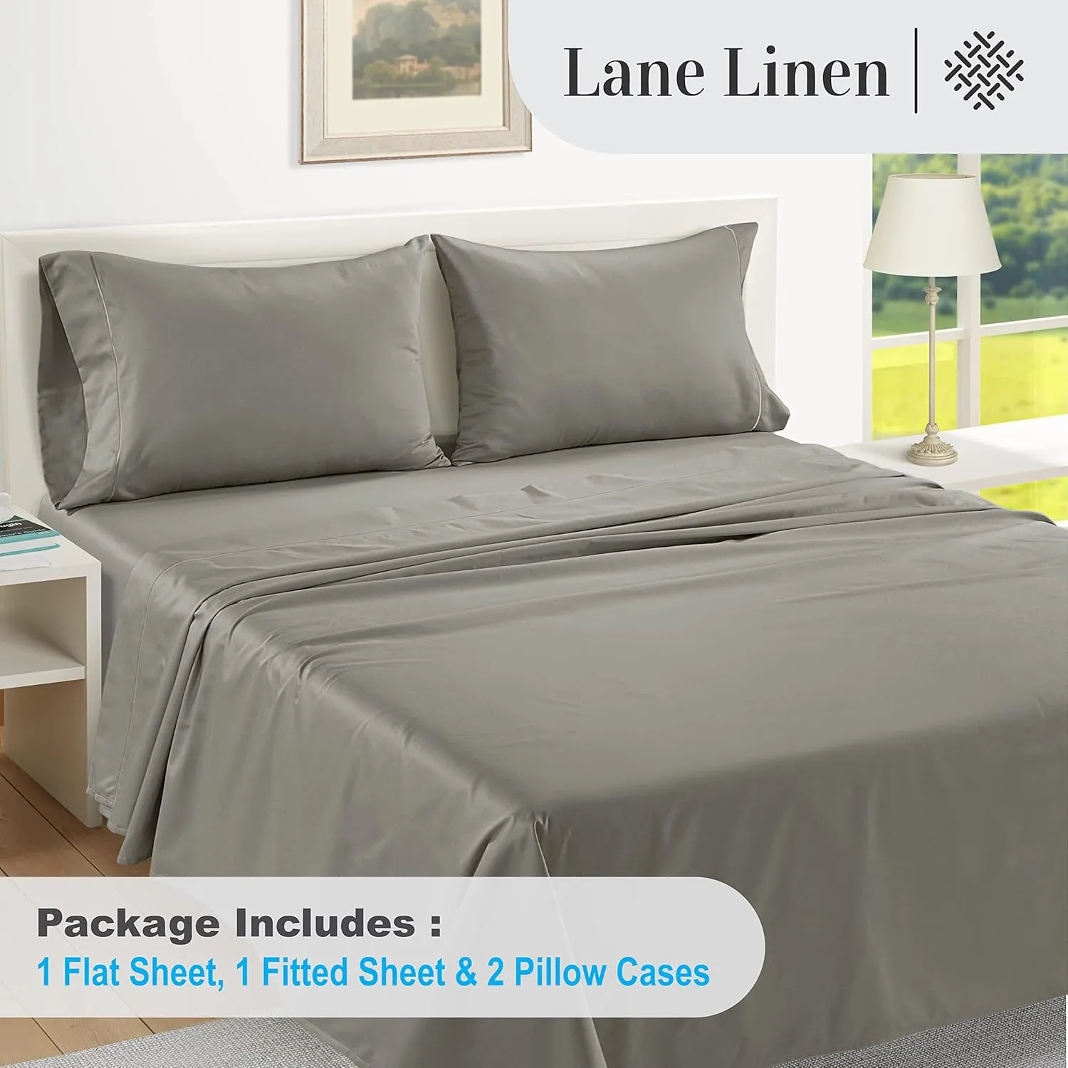 LANE LINEN 1000 TC 100% Egyptian Cotton King Size Deep Pocket Sheet Sets, Soft & Comfy No Pill Fade Resistant Natural Cooling Mercerized Cotton King Size Sheets Set 16" Deep Pocket - Charcoal