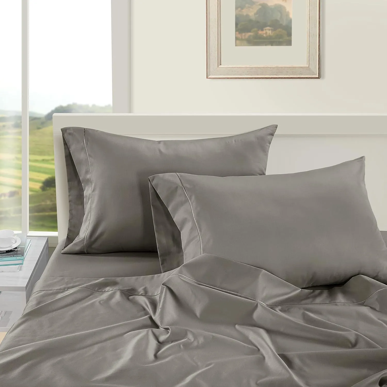 LANE LINEN 1000 TC 100% Egyptian Cotton King Size Deep Pocket Sheet Sets, Soft & Comfy No Pill Fade Resistant Natural Cooling Mercerized Cotton King Size Sheets Set 16" Deep Pocket - Charcoal