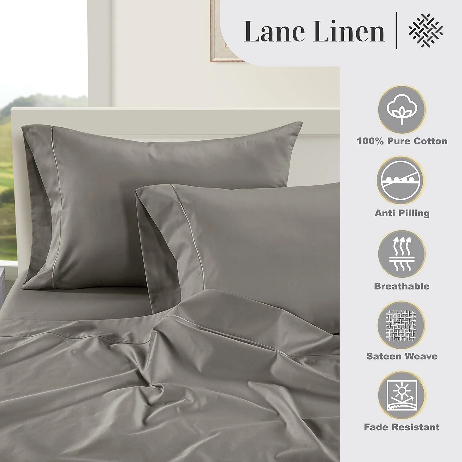 LANE LINEN 1000 TC 100% Egyptian Cotton King Size Deep Pocket Sheet Sets, Soft & Comfy No Pill Fade Resistant Natural Cooling Mercerized Cotton King Size Sheets Set 16" Deep Pocket - Charcoal