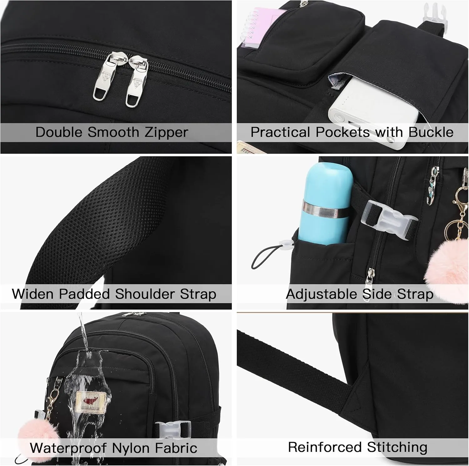 Laptop Backpack 15.6 Inch Elementary Middle High School Bag College Backpacks with Lunch Box Pencil Pouch 3 PCS Set Travel Bookbags for Teens Girls Women Students (Black)