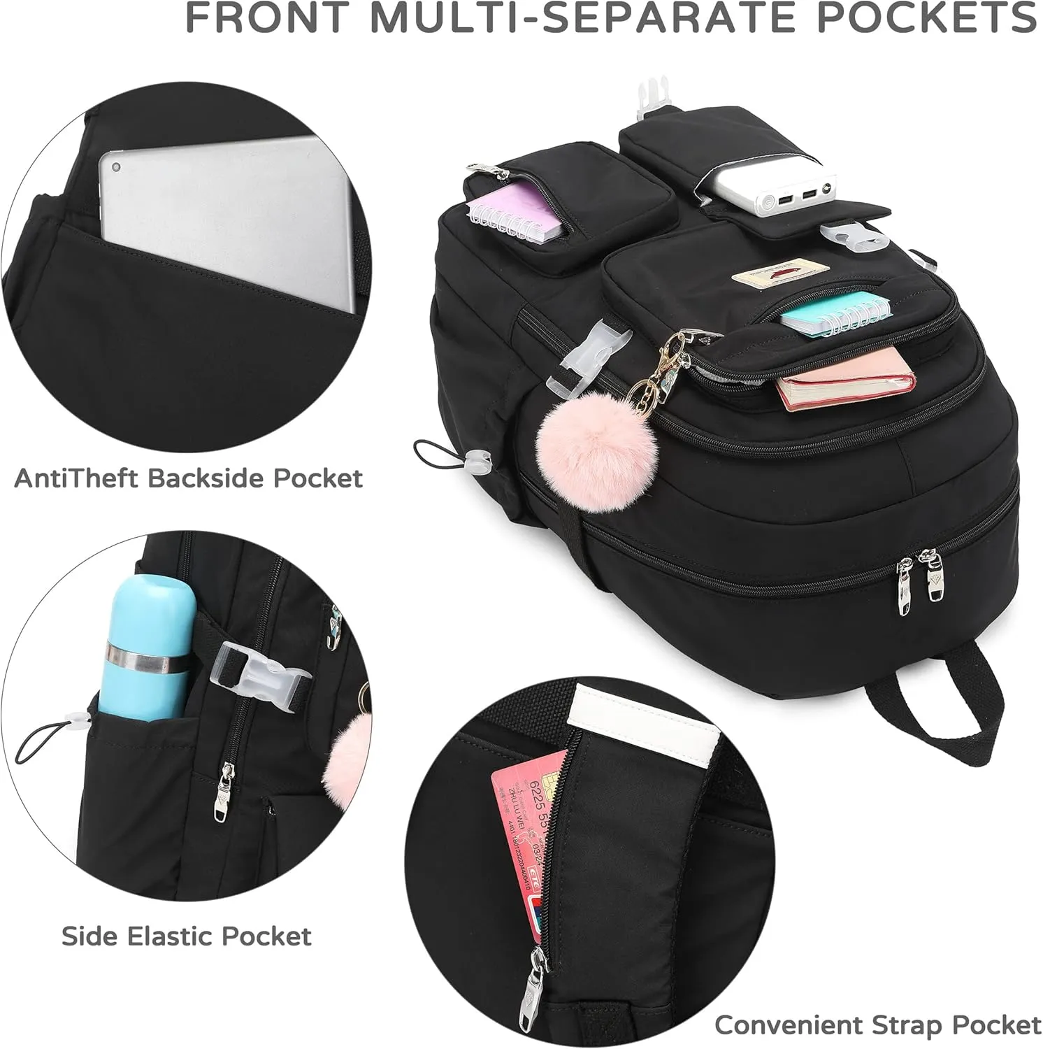 Laptop Backpack 15.6 Inch Elementary Middle High School Bag College Backpacks with Lunch Box Pencil Pouch 3 PCS Set Travel Bookbags for Teens Girls Women Students (Black)