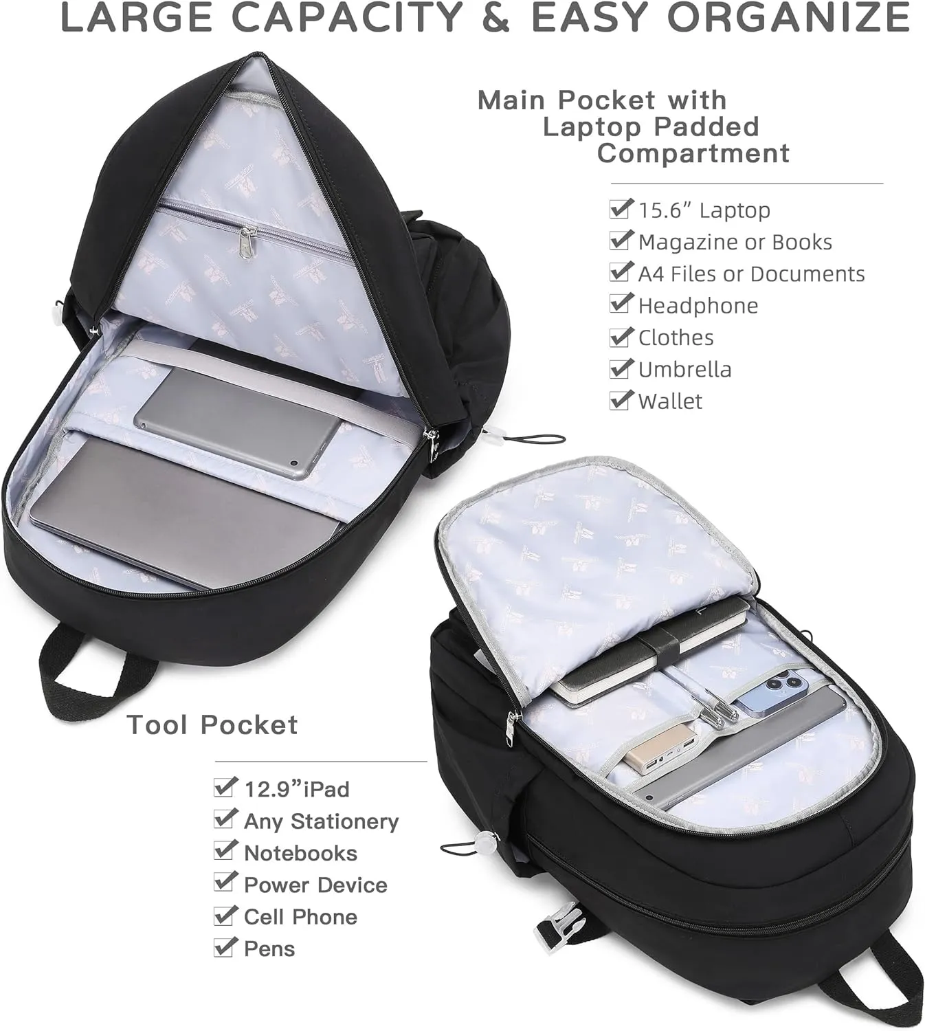 Laptop Backpack 15.6 Inch Elementary Middle High School Bag College Backpacks with Lunch Box Pencil Pouch 3 PCS Set Travel Bookbags for Teens Girls Women Students (Black)