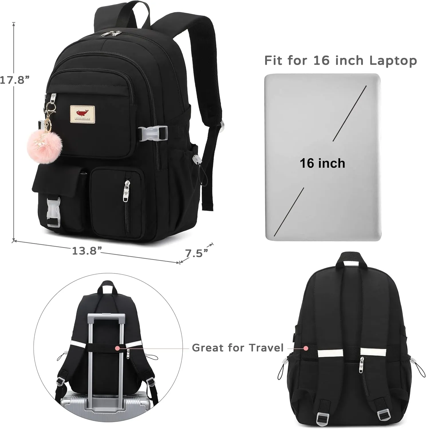 Laptop Backpack 15.6 Inch Elementary Middle High School Bag College Backpacks with Lunch Box Pencil Pouch 3 PCS Set Travel Bookbags for Teens Girls Women Students (Black)