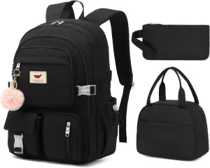 Laptop Backpack 15.6 Inch Elementary Middle High School Bag College Backpacks with Lunch Box Pencil Pouch 3 PCS Set Travel Bookbags for Teens Girls Women Students (Black)
