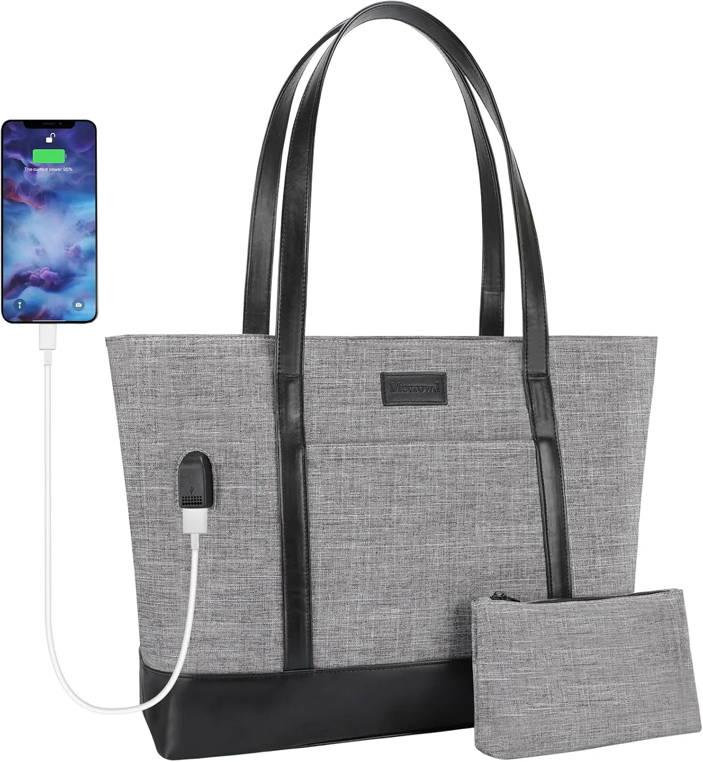 Laptop Tote for Women: Shoulder Bag for 15.6 Inch Computer, Extra Large for School, Party, Travel, Bonus Cosmetic Bag (Grey)