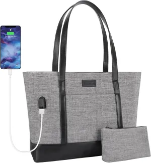 Laptop Tote for Women: Shoulder Bag for 15.6 Inch Computer, Extra Large for School, Party, Travel, Bonus Cosmetic Bag (Grey)