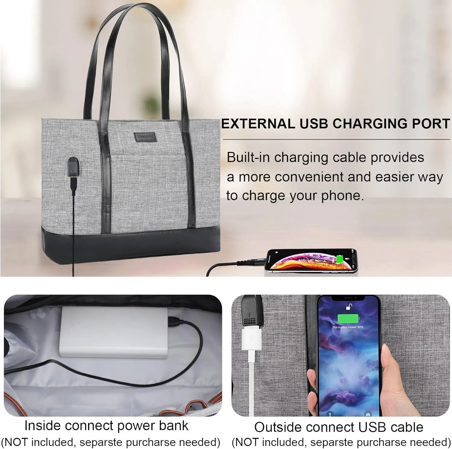 Laptop Tote for Women: Shoulder Bag for 15.6 Inch Computer, Extra Large for School, Party, Travel, Bonus Cosmetic Bag (Grey)