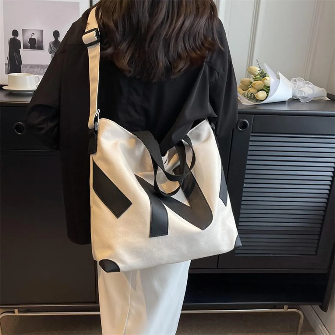 Large Canvas Tote Bags with Zipper for Women Shoulder Trendy Bag for Work Travel Shopping