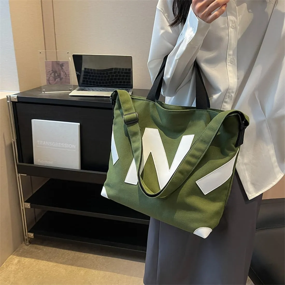 Large Canvas Tote Bags with Zipper for Women Shoulder Trendy Bag for Work Travel Shopping
