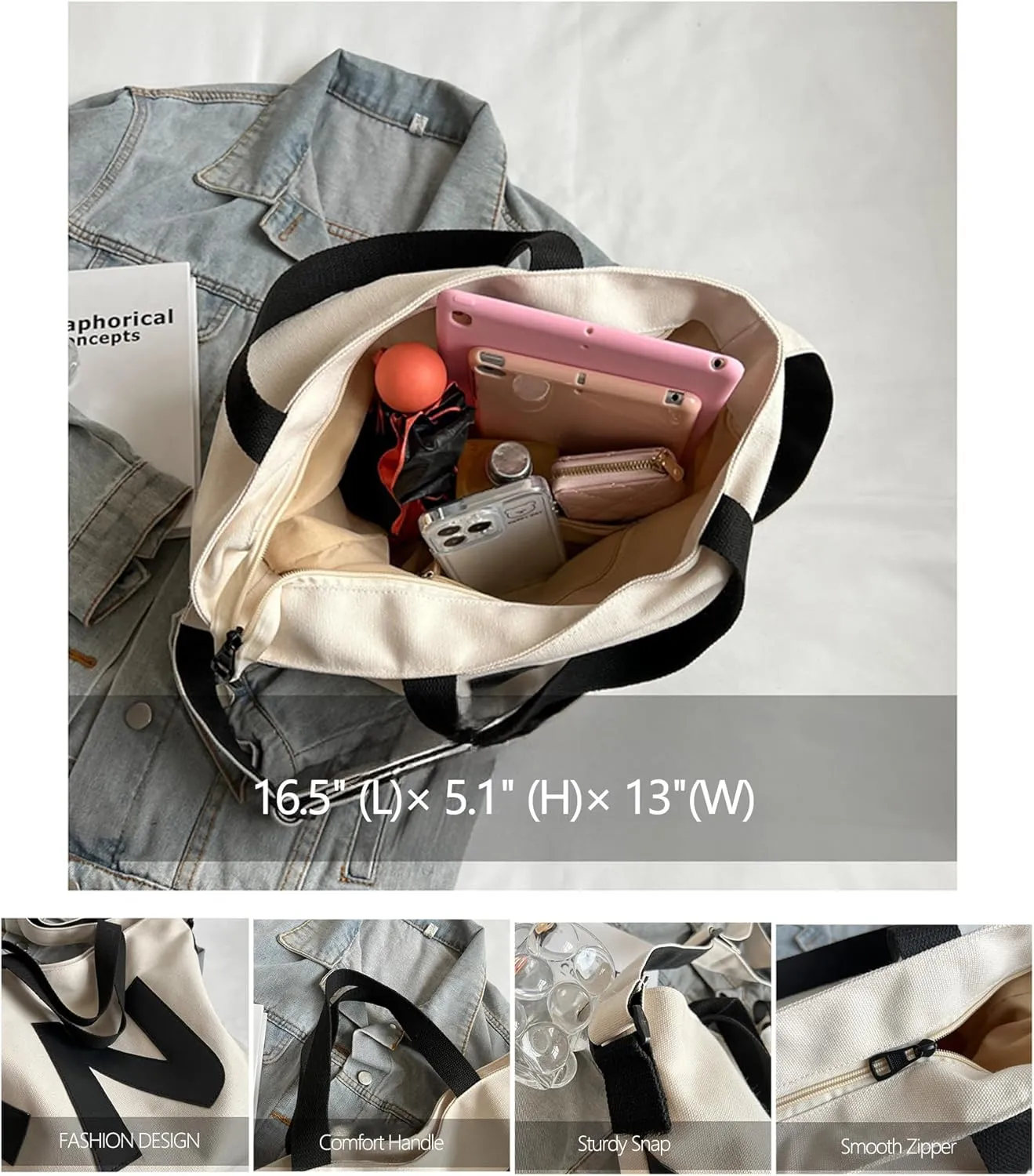 Large Canvas Tote Bags with Zipper for Women Shoulder Trendy Bag for Work Travel Shopping