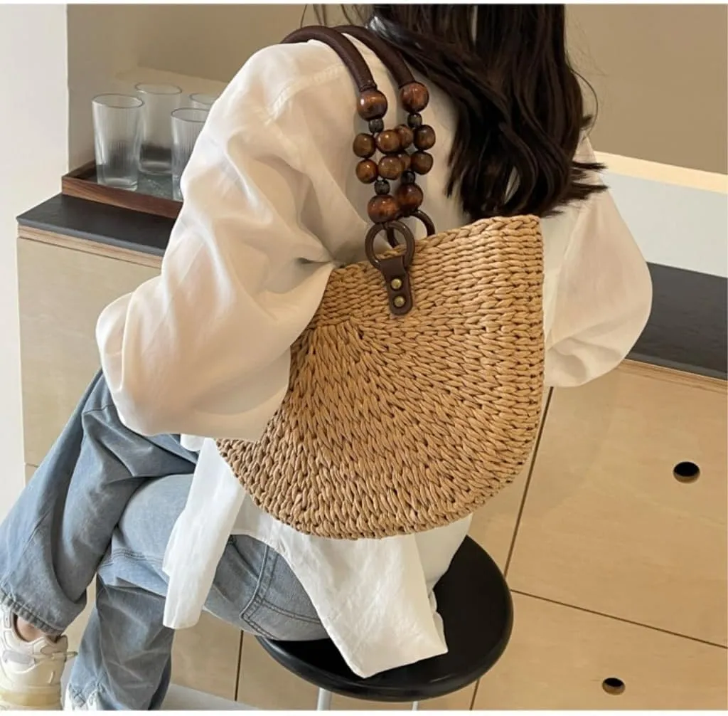 Large capacity Bag Exquisite Beaded Straw Bucket - shaped Handbag: Embark on a Pleasant Outing Journey Ladies shoulder Bag