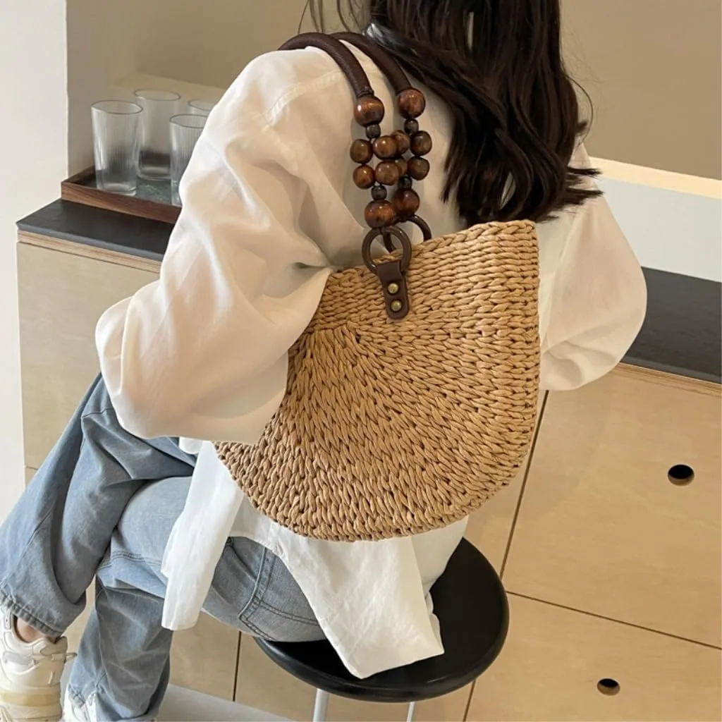 Large capacity Bag Exquisite Beaded Straw Bucket - shaped Handbag: Embark on a Pleasant Outing Journey Ladies shoulder Bag