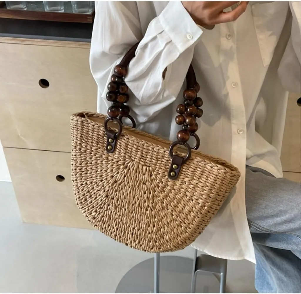 Large capacity Bag Exquisite Beaded Straw Bucket - shaped Handbag: Embark on a Pleasant Outing Journey Ladies shoulder Bag