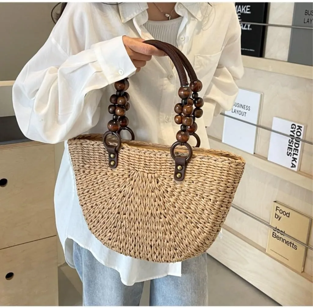 Large capacity Bag Exquisite Beaded Straw Bucket - shaped Handbag: Embark on a Pleasant Outing Journey Ladies shoulder Bag