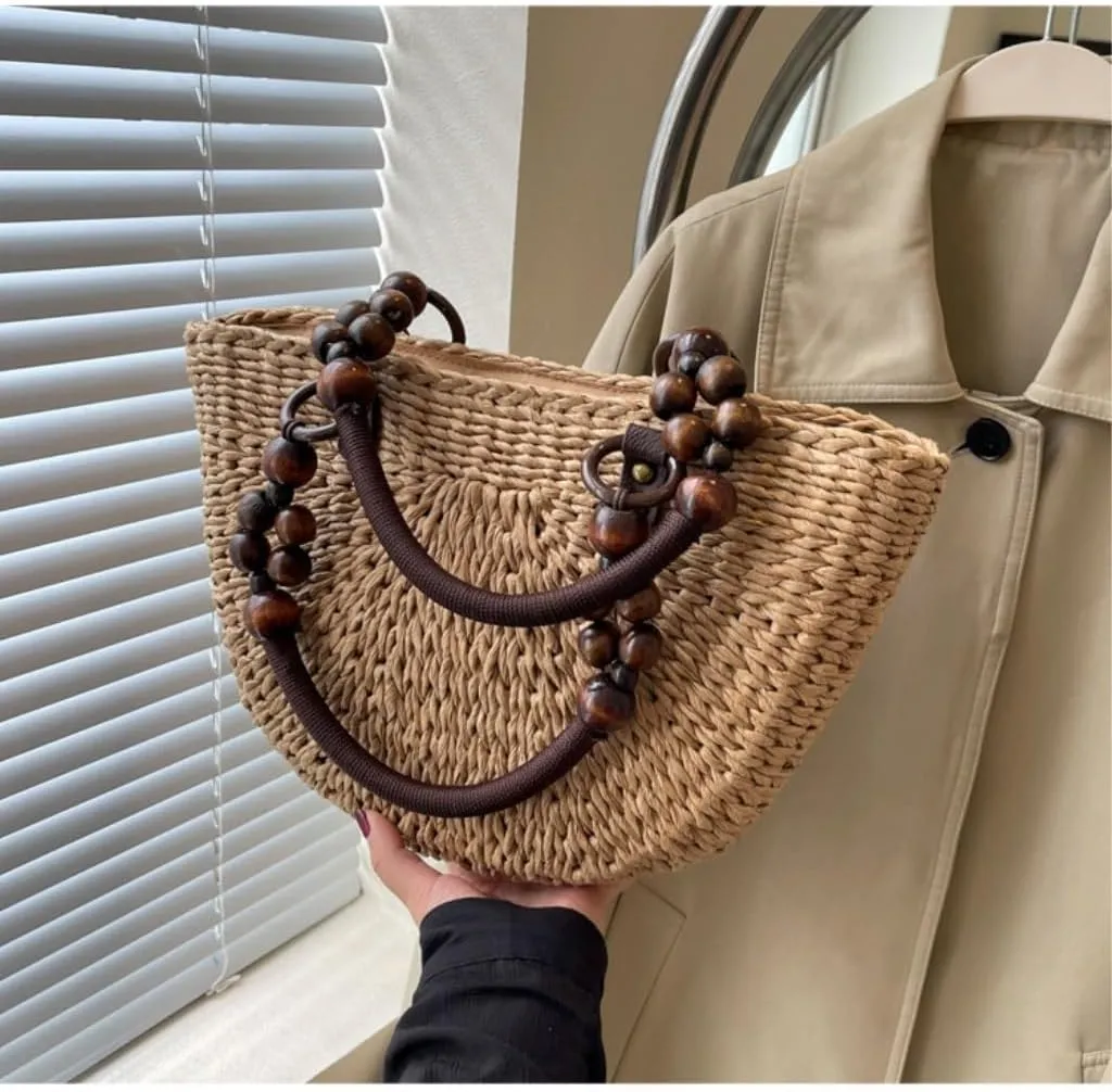 Large capacity Bag Exquisite Beaded Straw Bucket - shaped Handbag: Embark on a Pleasant Outing Journey Ladies shoulder Bag