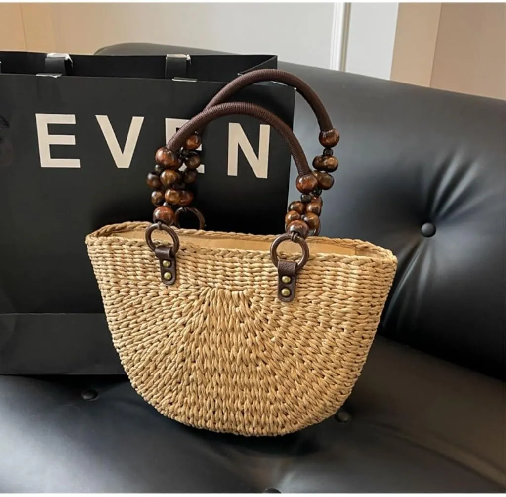 Large capacity Bag Exquisite Beaded Straw Bucket - shaped Handbag: Embark on a Pleasant Outing Journey Ladies shoulder Bag