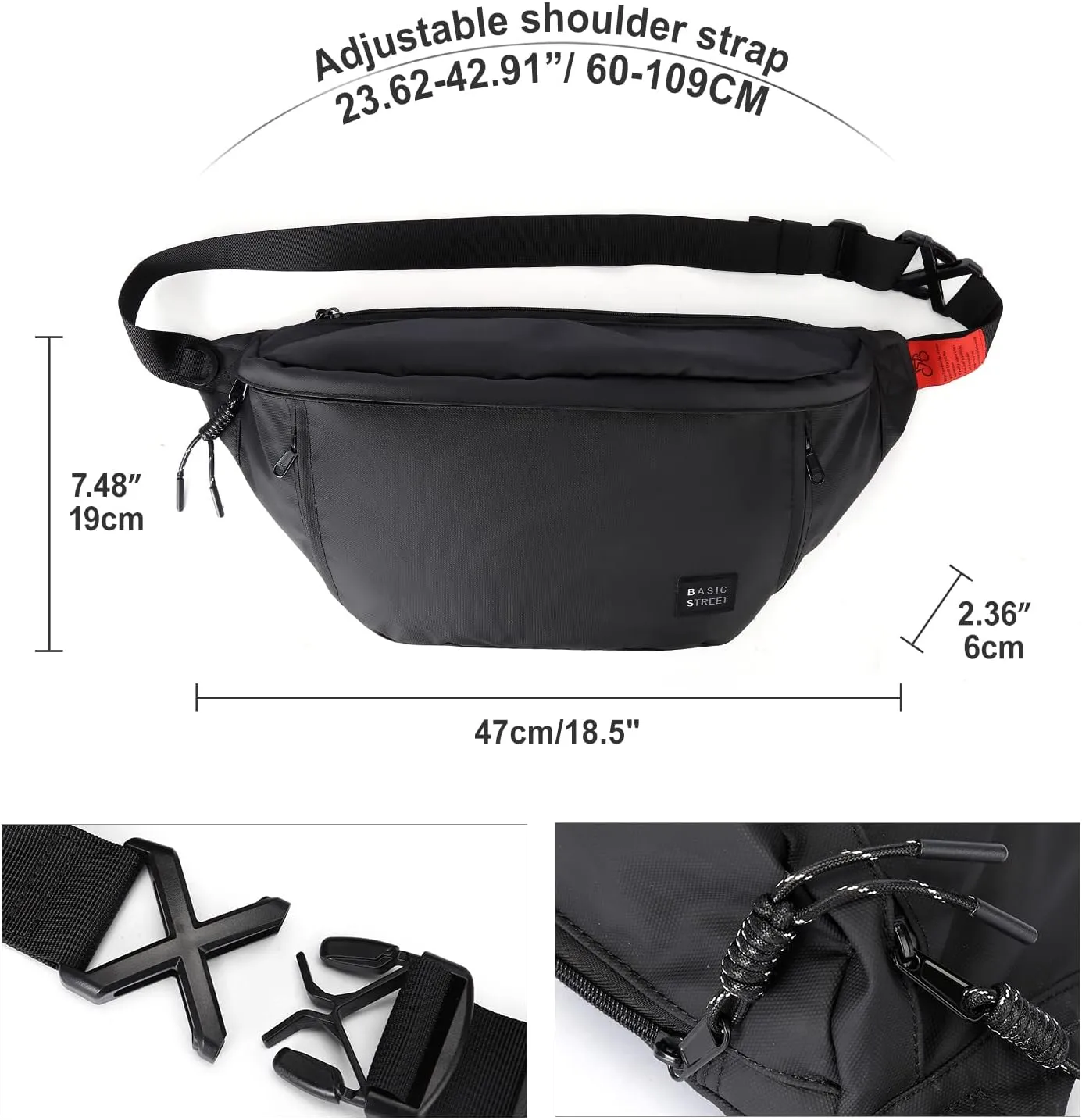 Large Crossbody Fanny Pack for Women Men,Waterproof Waist Bag Pack with Adjustable Strap & 5-Zipper Pockets,Black