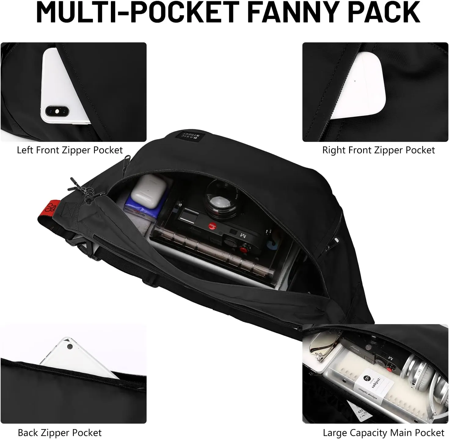 Large Crossbody Fanny Pack for Women Men,Waterproof Waist Bag Pack with Adjustable Strap & 5-Zipper Pockets,Black,Medium