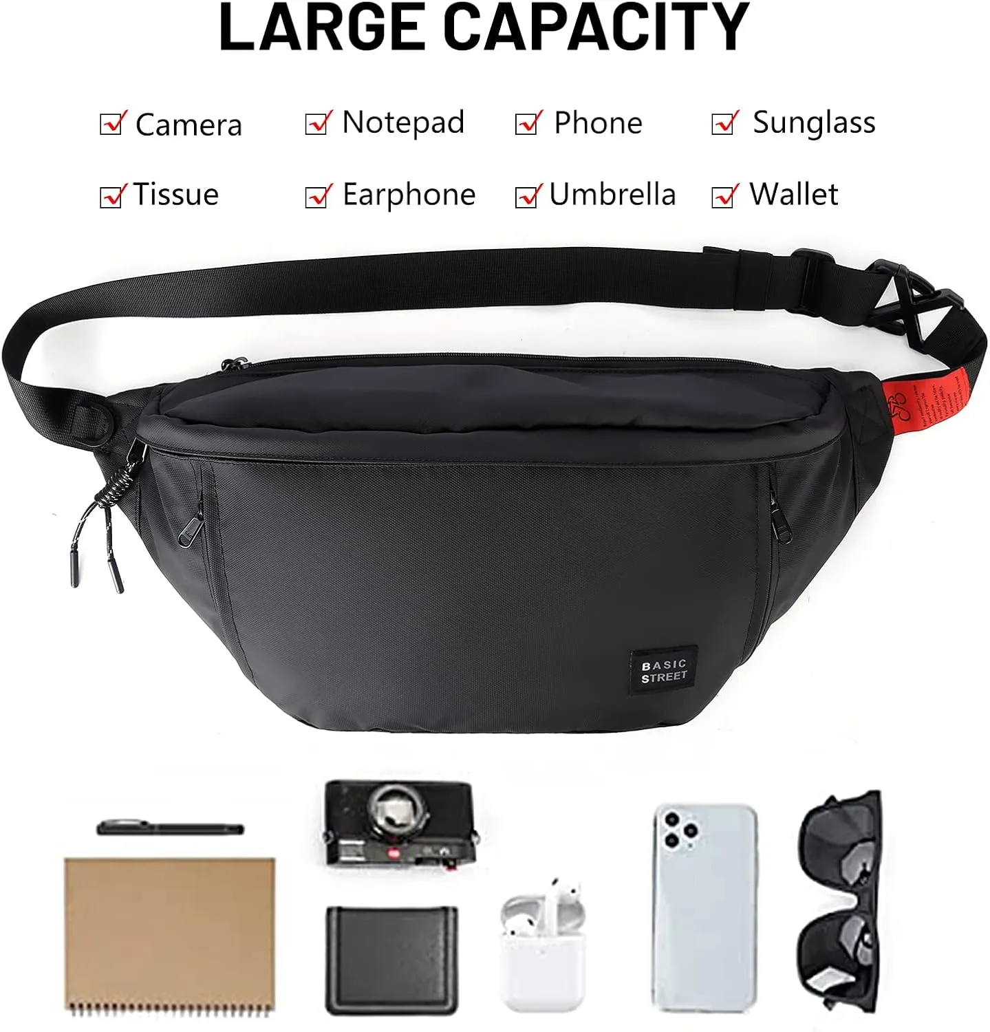 Large Crossbody Fanny Pack for Women Men,Waterproof Waist Bag Pack with Adjustable Strap & 5-Zipper Pockets,Black,Medium